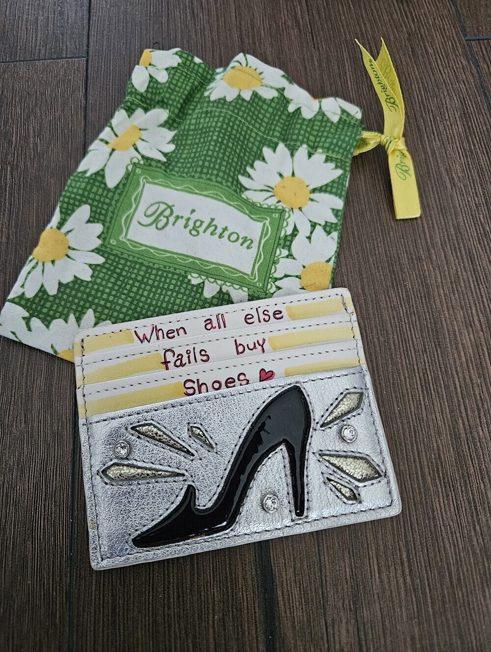 Brighton Silver Leather Card Holder Shoes Credit Card Case Wallet +Dust Bag RARE